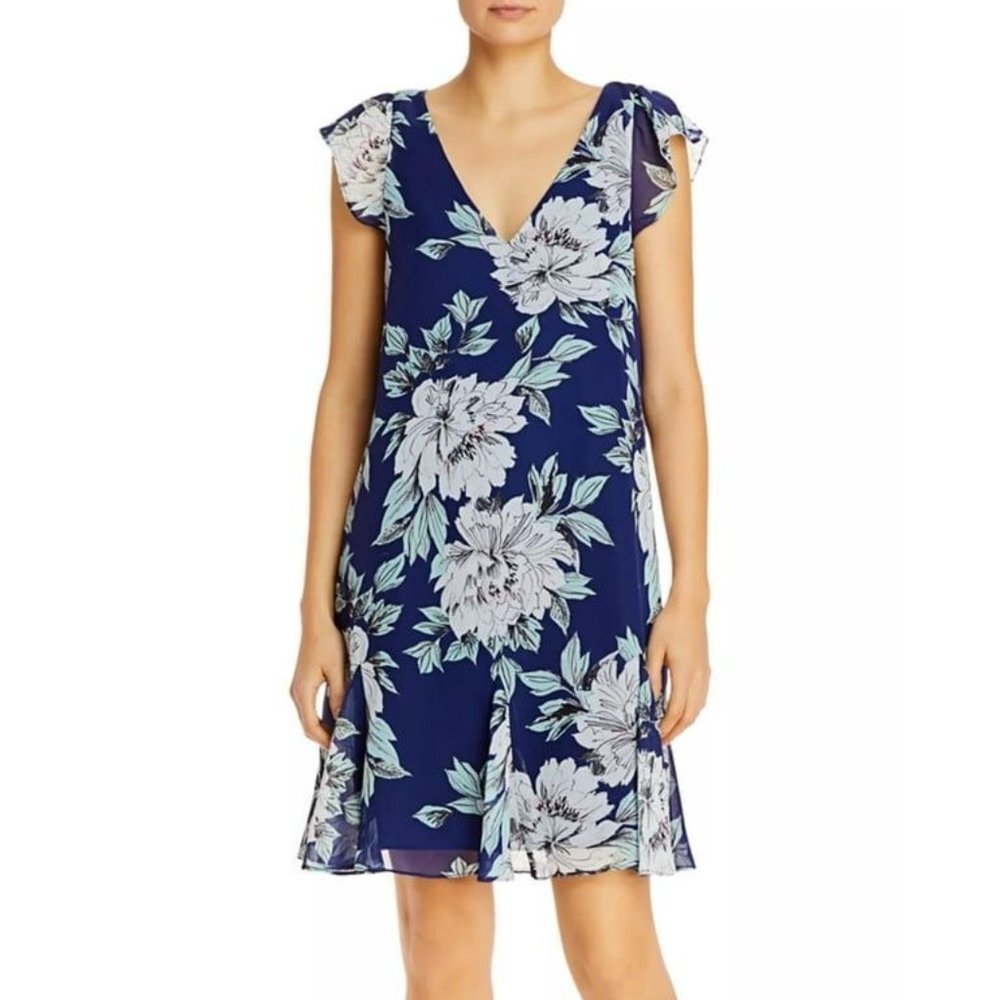 Adrianna Papell Womens Shift Dress Floral Chiffon Godet V-Neck Cap Sleeve Blue 4